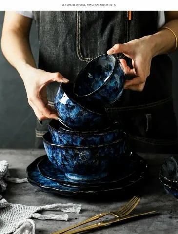 Синие керамические тарелки и миски 6.8 inch